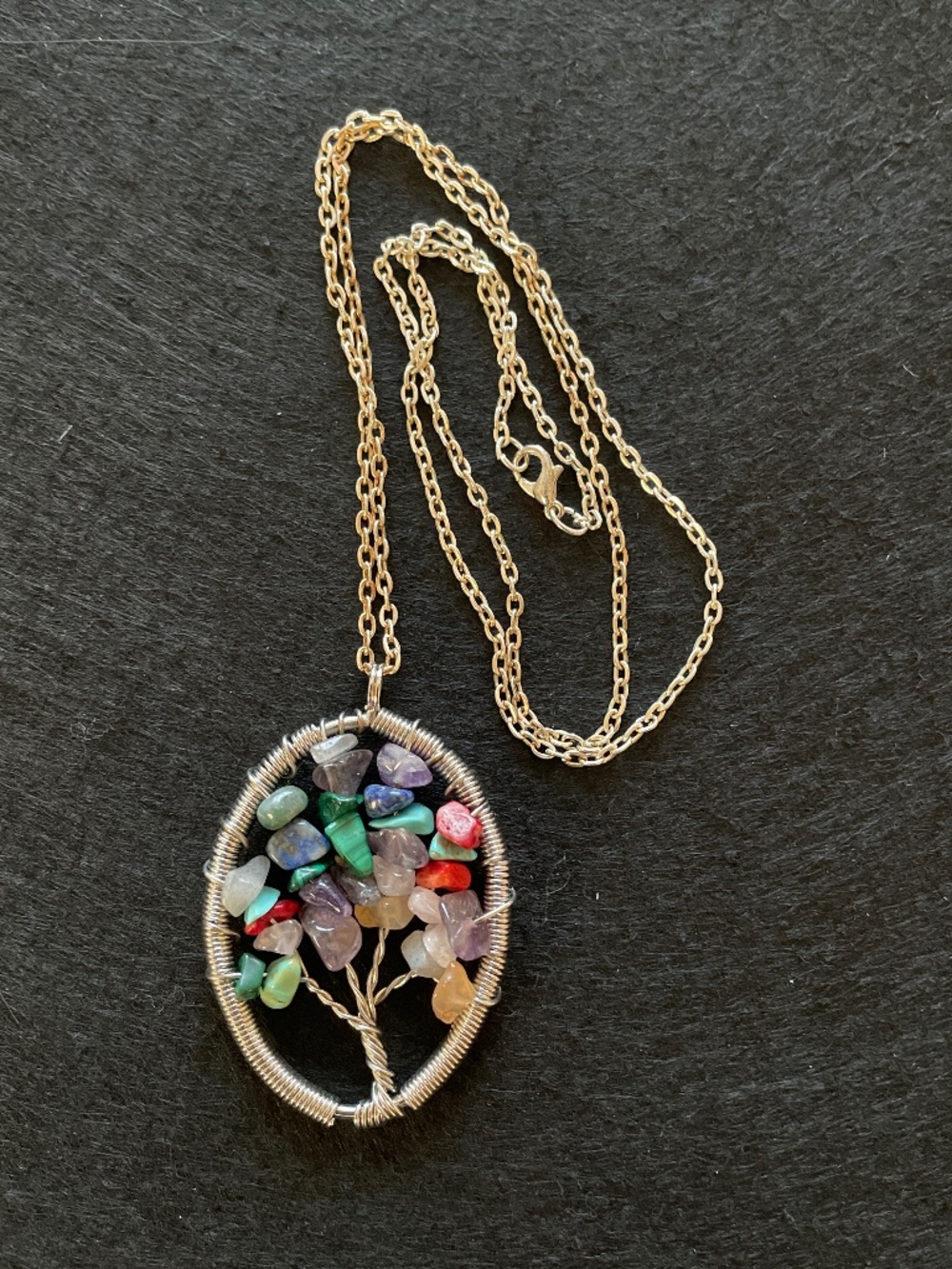 Handmade Tree of Life Gemstone Chips Wire Wrapped Pendant Necklace